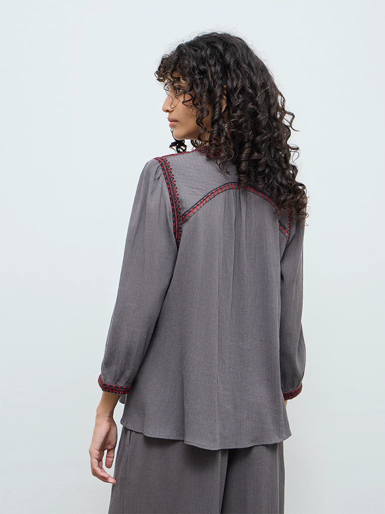Utsa Grey Crinkle Textured Embroidered Cotton Tunic - Image 4