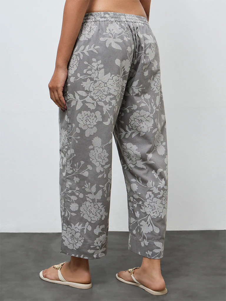 Utsa Grey Floral Cotton-Blend Pants - Image 4