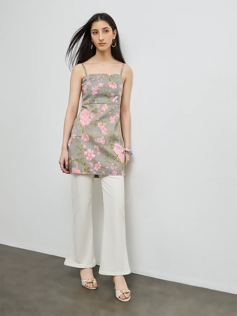 Utsa Grey Floral Cotton Tunic - Image 2