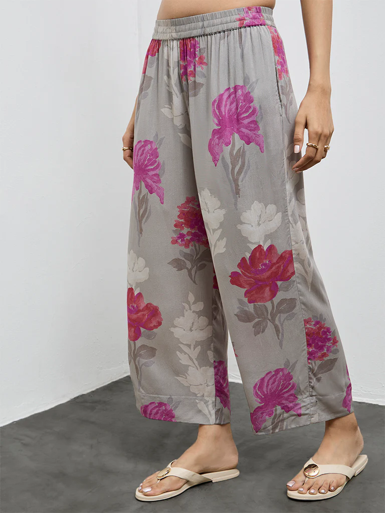 Utsa Grey Floral Design Pants