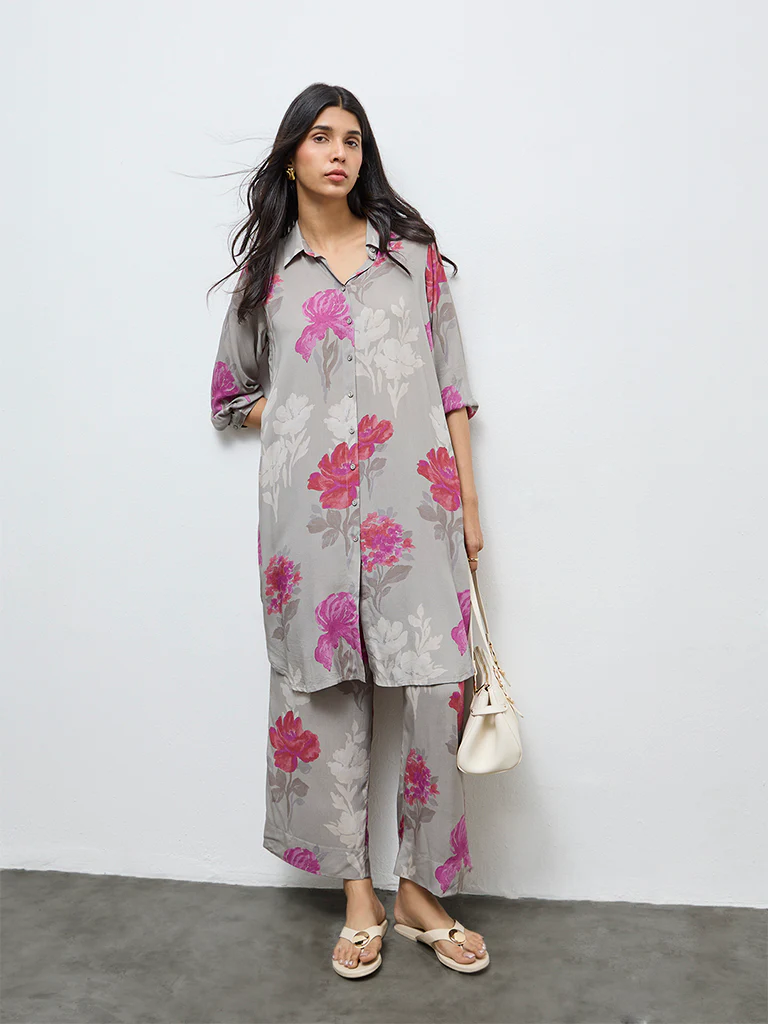 Utsa Grey Floral Design Pants - Image 2