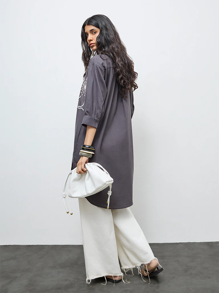 Utsa Grey Floral Embroidered Cotton-Blend High-Low Kurta - Image 4