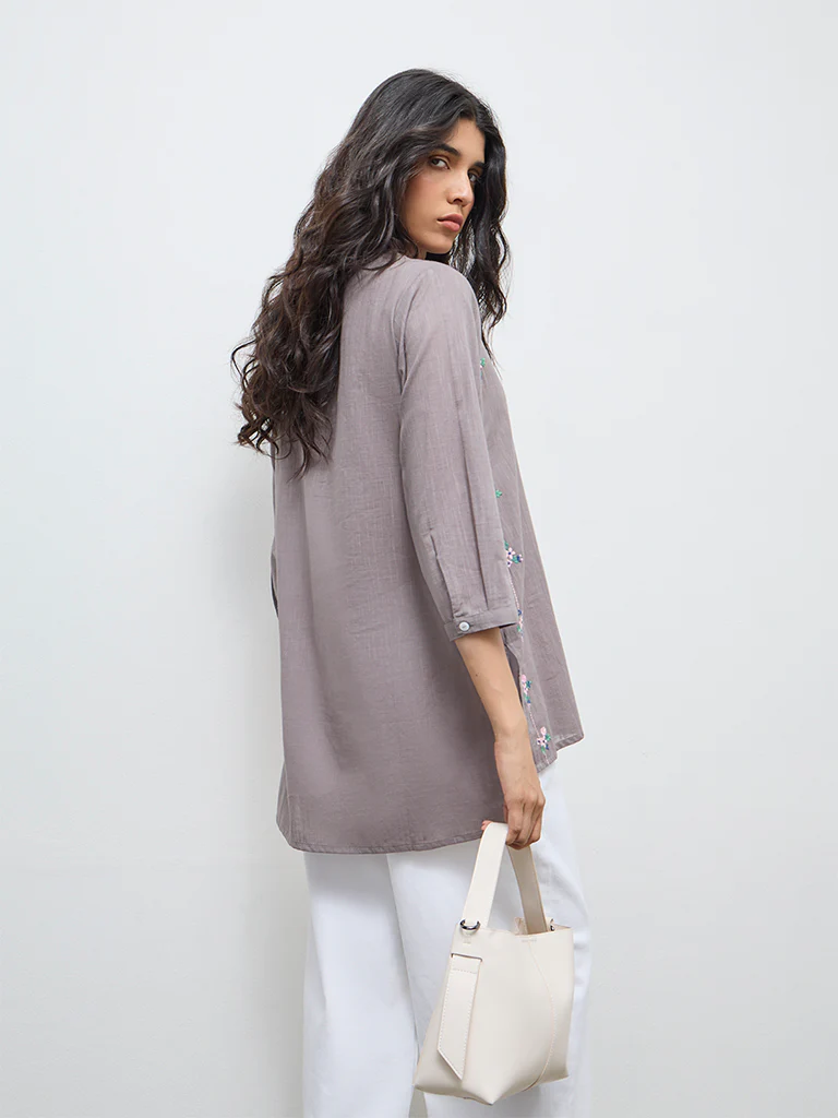Utsa Grey Floral Embroidered Cotton Tunic - Image 4