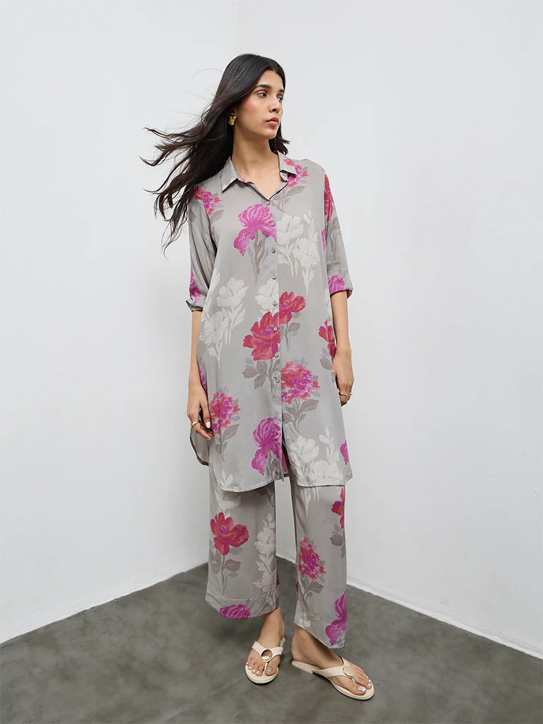 Utsa Grey Floral Pattern A-Line Kurta