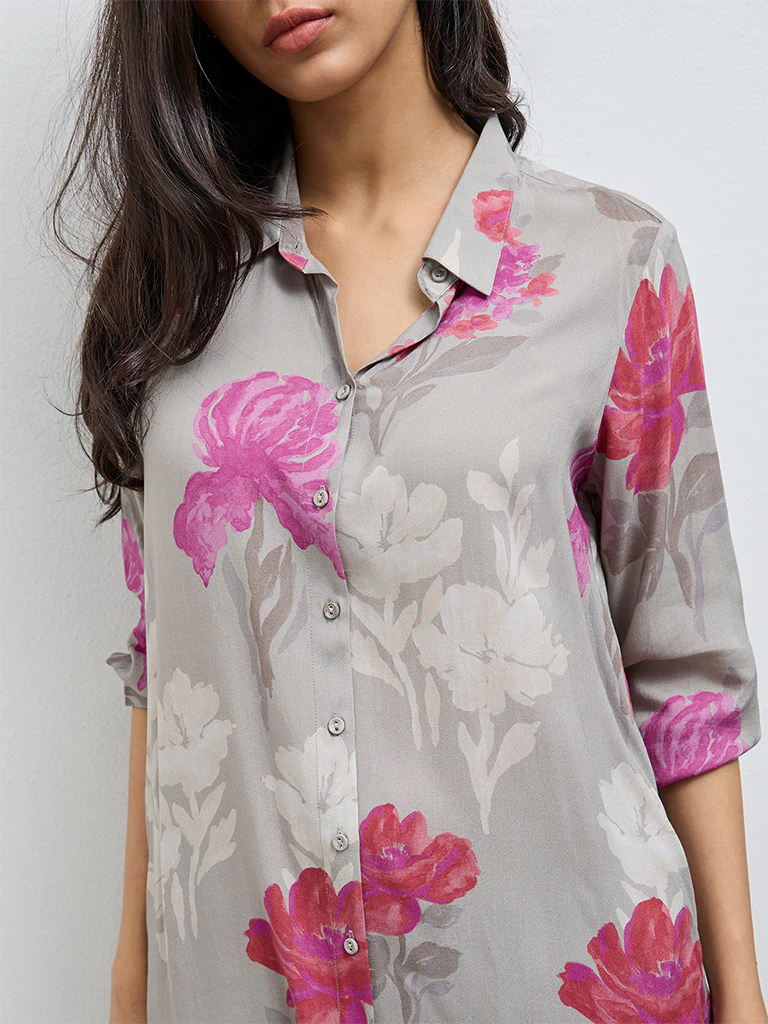 Utsa Grey Floral Pattern A-Line Kurta - Image 3