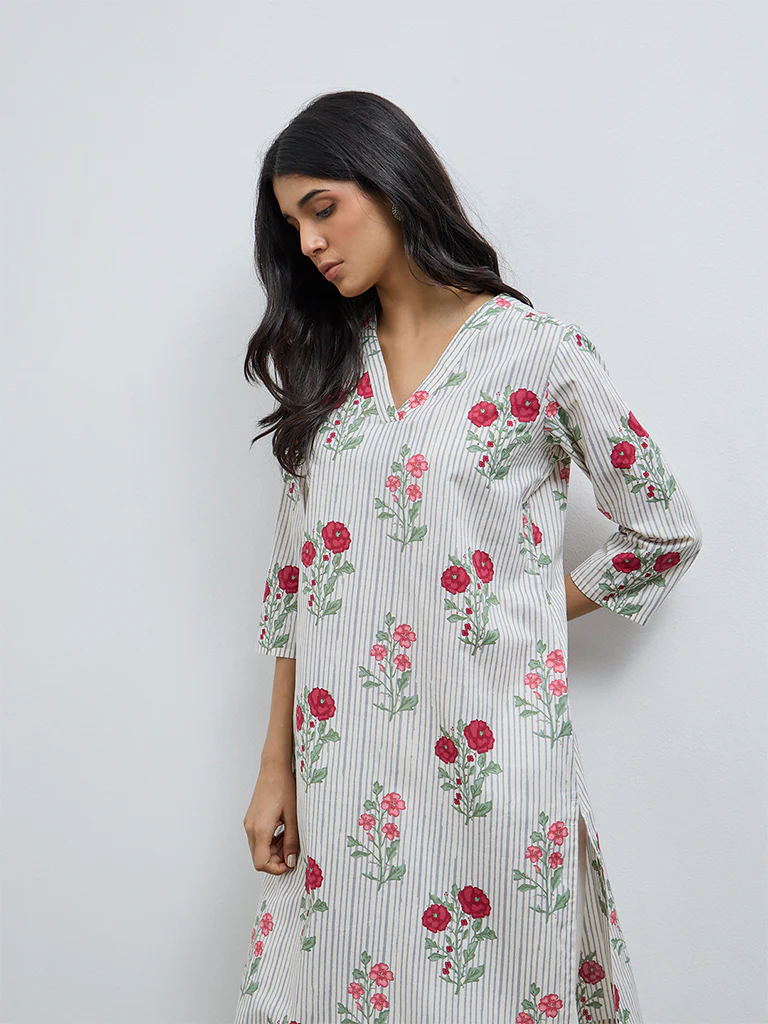 Utsa Grey Floral Pattern Cotton A-Line Kurta - Image 2