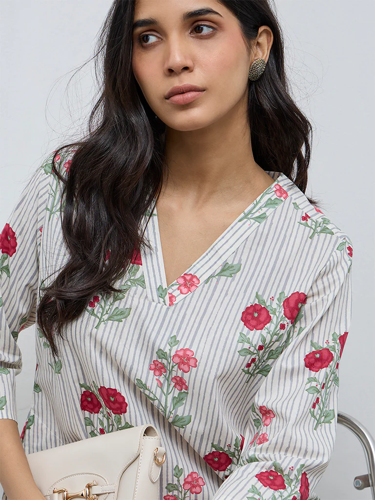 Utsa Grey Floral Pattern Cotton A-Line Kurta - Image 3