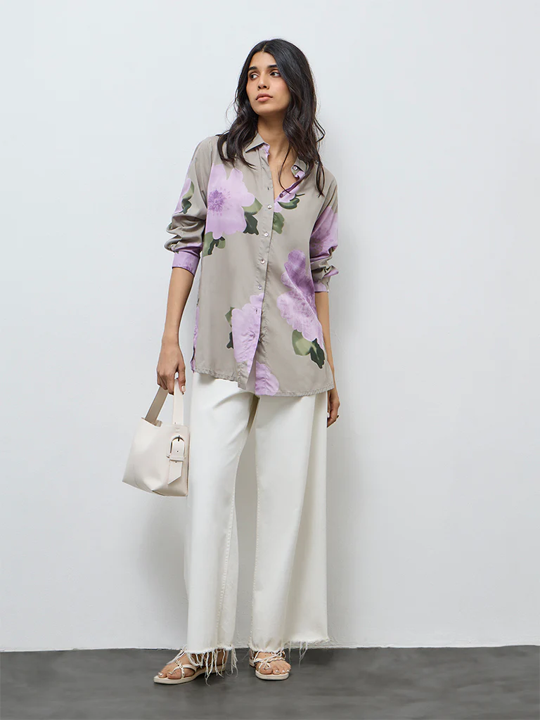 Utsa Grey Floral Pattern Cotton Tunic