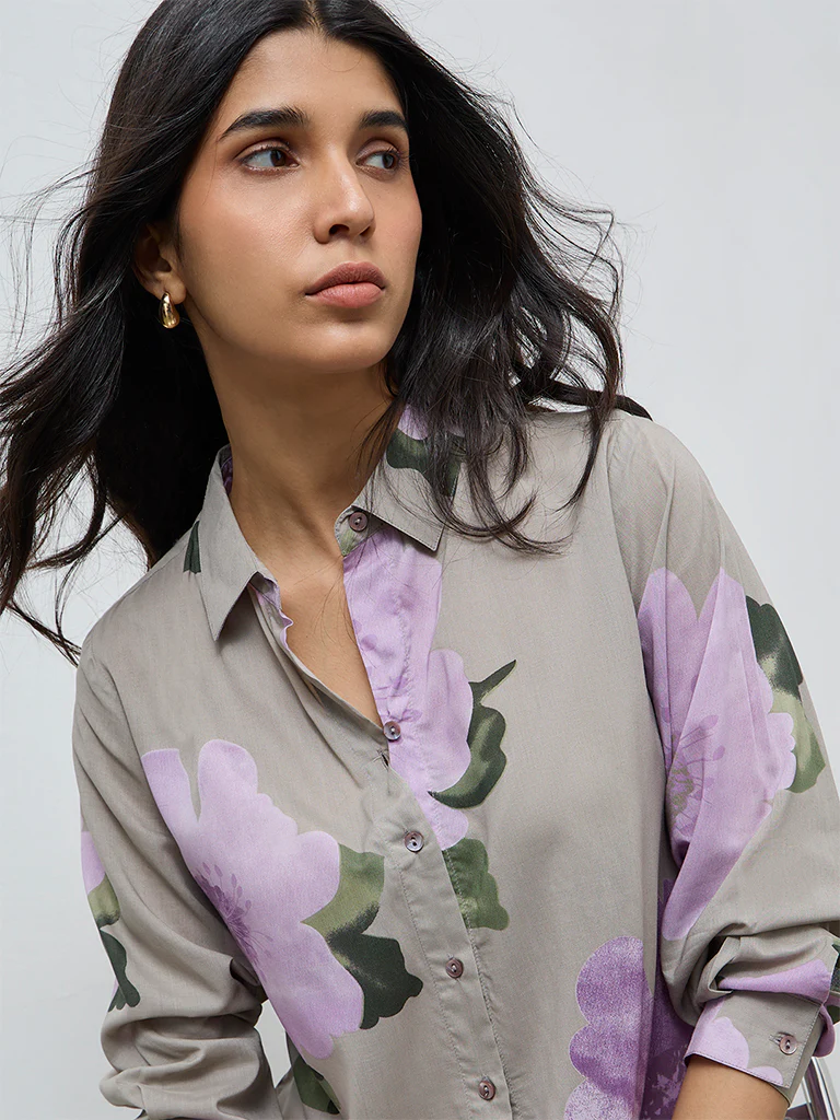Utsa Grey Floral Pattern Cotton Tunic - Image 3
