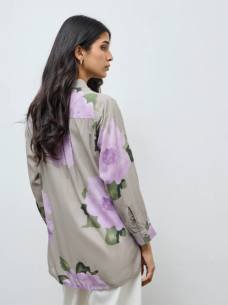 Utsa Grey Floral Pattern Cotton Tunic - Image 4