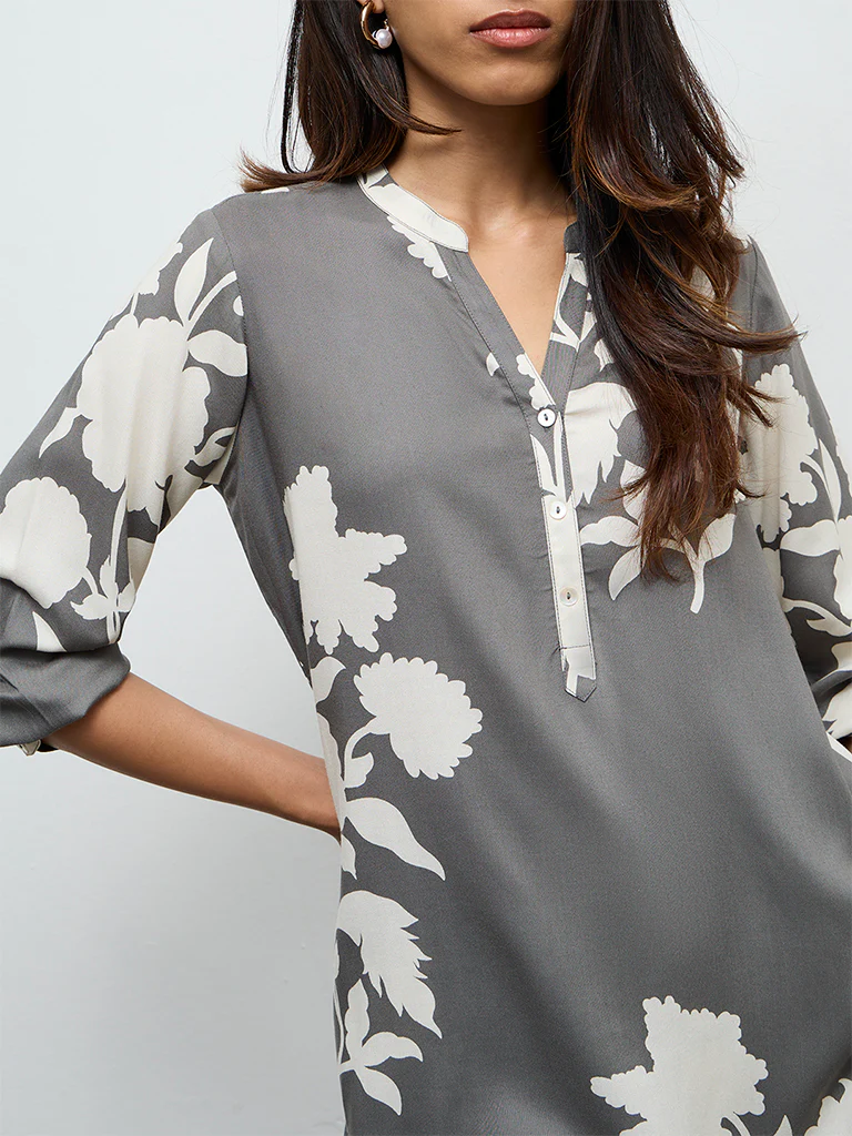Utsa Grey Floral Pattern Tunic - Image 3