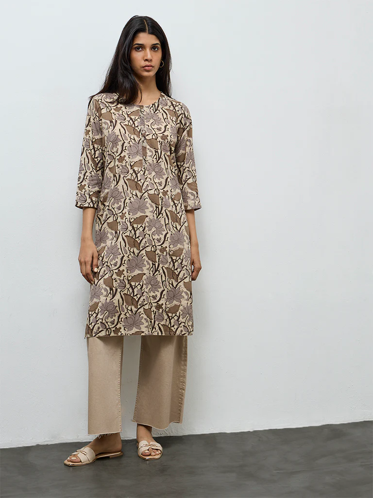 Utsa Grey Floral Printed Cotton Straight Kurta - Image 2