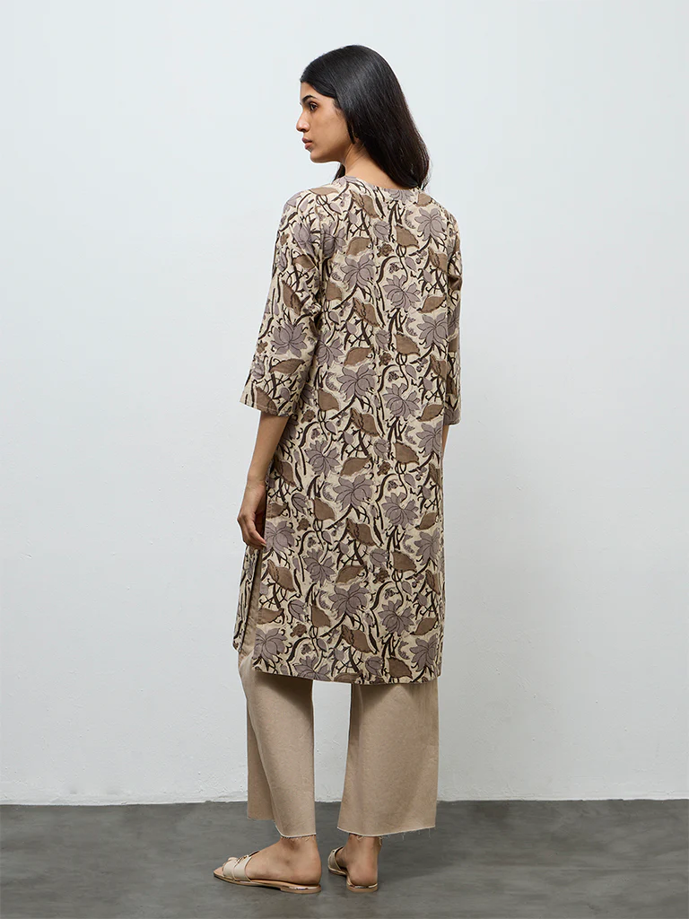 Utsa Grey Floral Printed Cotton Straight Kurta - Image 4