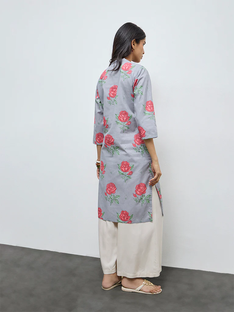 Utsa Grey Floral Straight Cotton Kurta - Image 4
