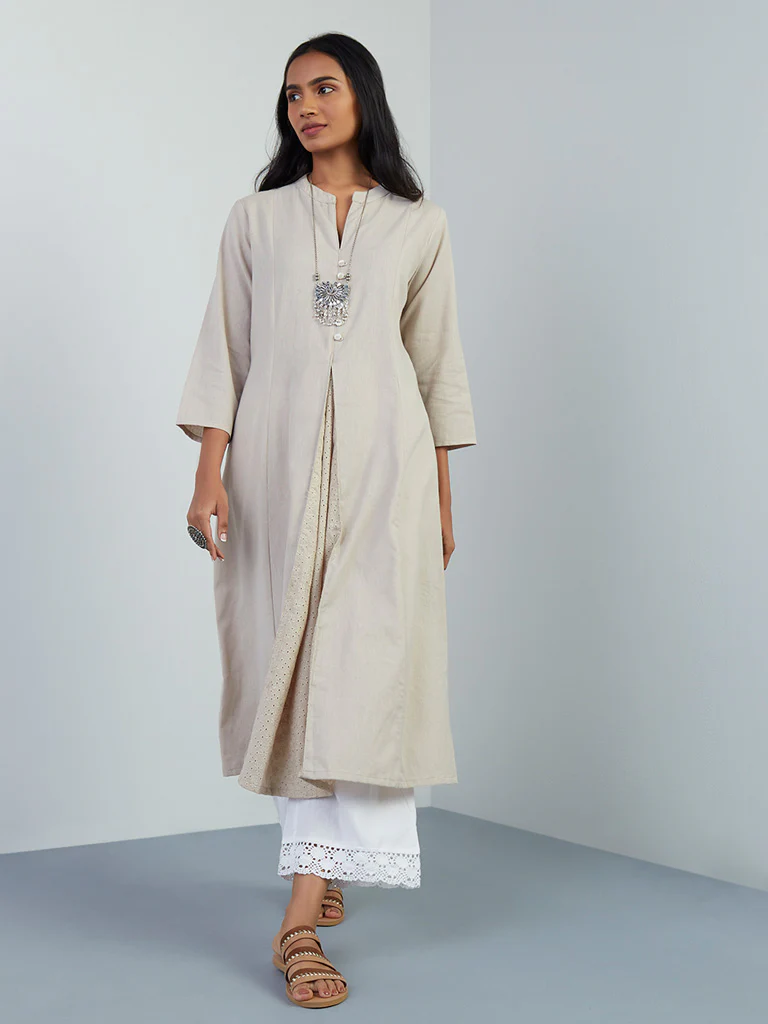 Utsa Grey Schiffli-Detailed Cotton-Blend A-Line Kurta - Image 3