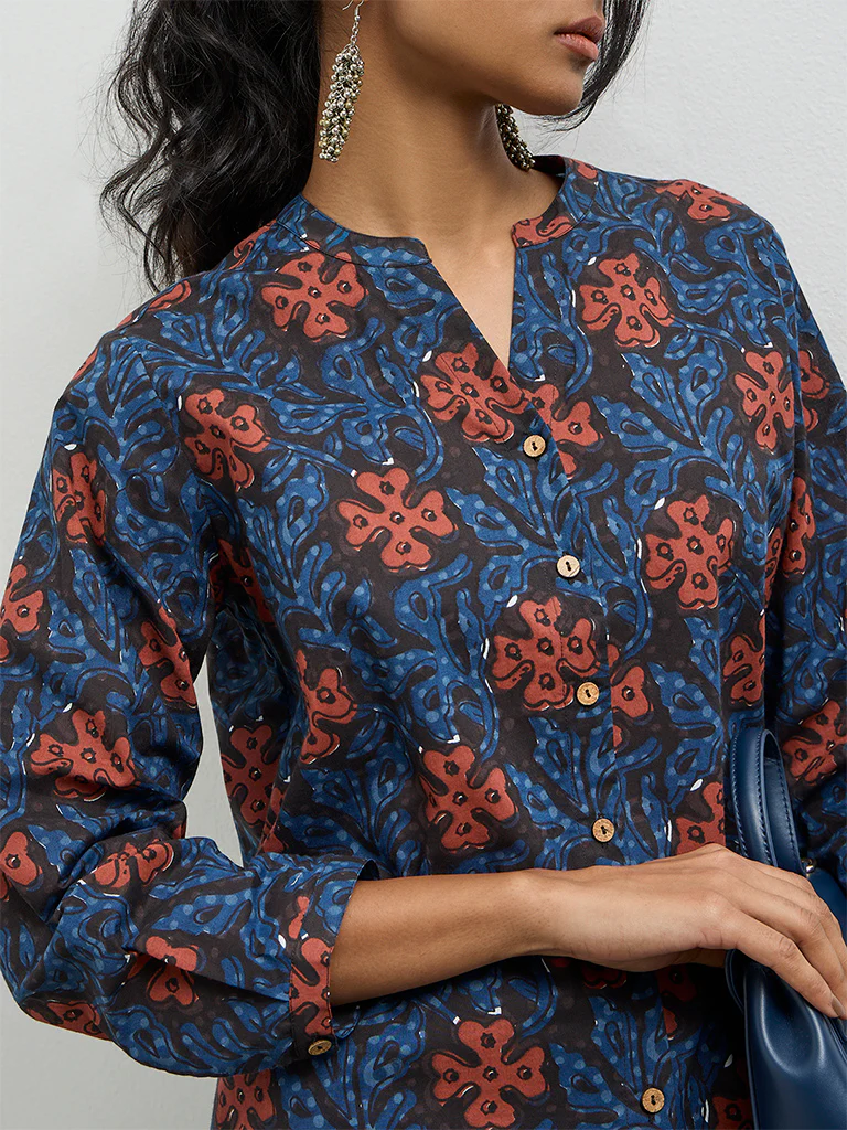 Utsa Indigo Abstract Pattern Cotton Tunic - Image 3