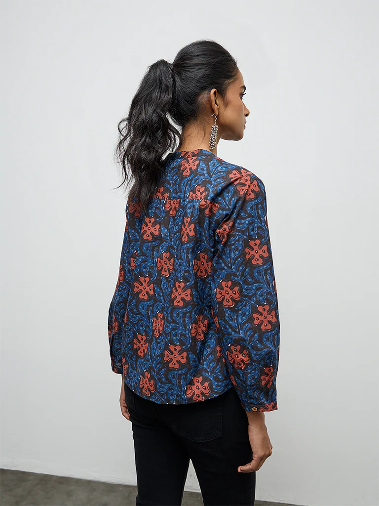 Utsa Indigo Abstract Pattern Cotton Tunic - Image 4