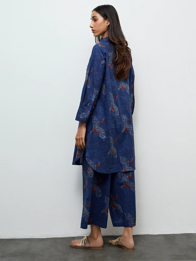 Utsa Indigo Bird Printed Cotton A-Line Kurta - Image 4