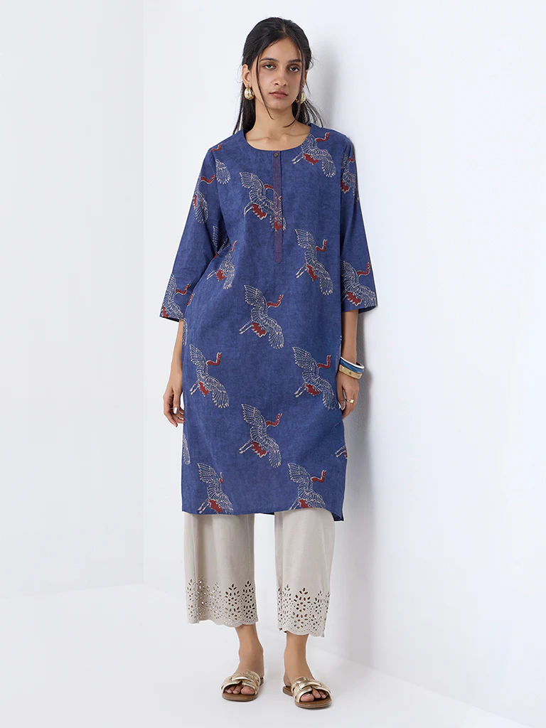 Utsa Indigo Bird Printed Cotton Straight Kurta