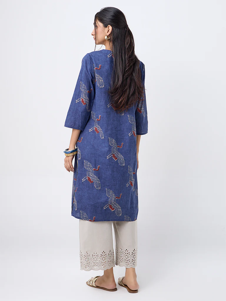 Utsa Indigo Bird Printed Cotton Straight Kurta - Image 4