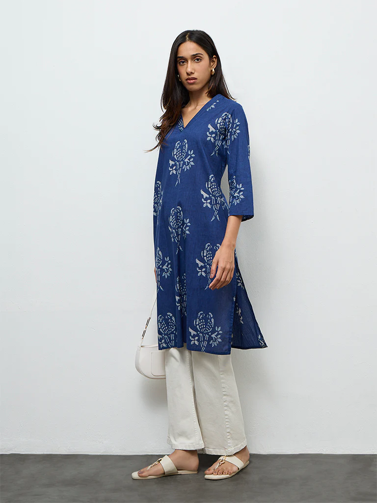 Utsa Indigo Bird Printed Cotton Straight Kurta - Image 2