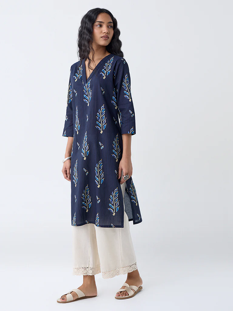Utsa Indigo Botanical Design Cotton Straight Kurta - Image 2