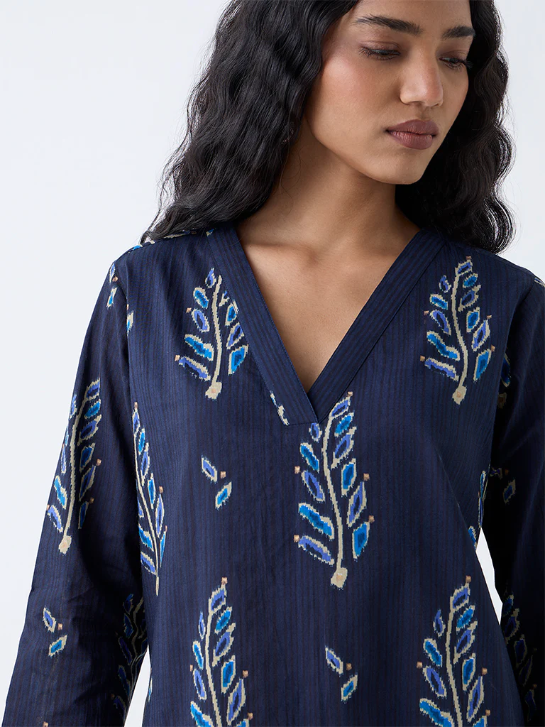 Utsa Indigo Botanical Design Cotton Straight Kurta - Image 3