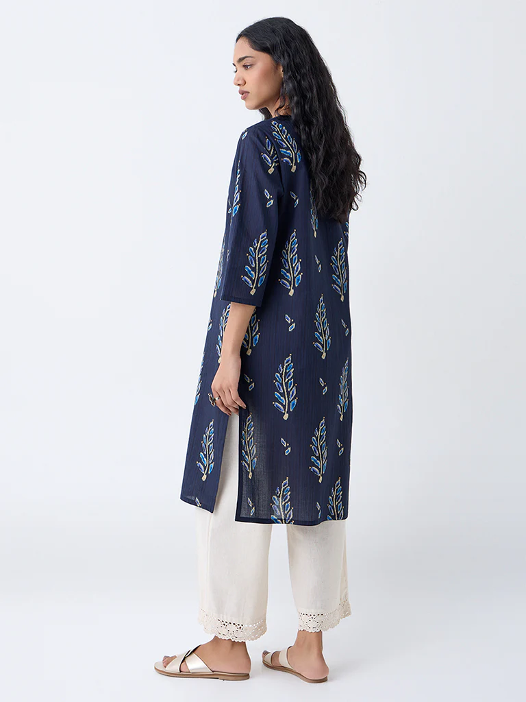 Utsa Indigo Botanical Design Cotton Straight Kurta - Image 4