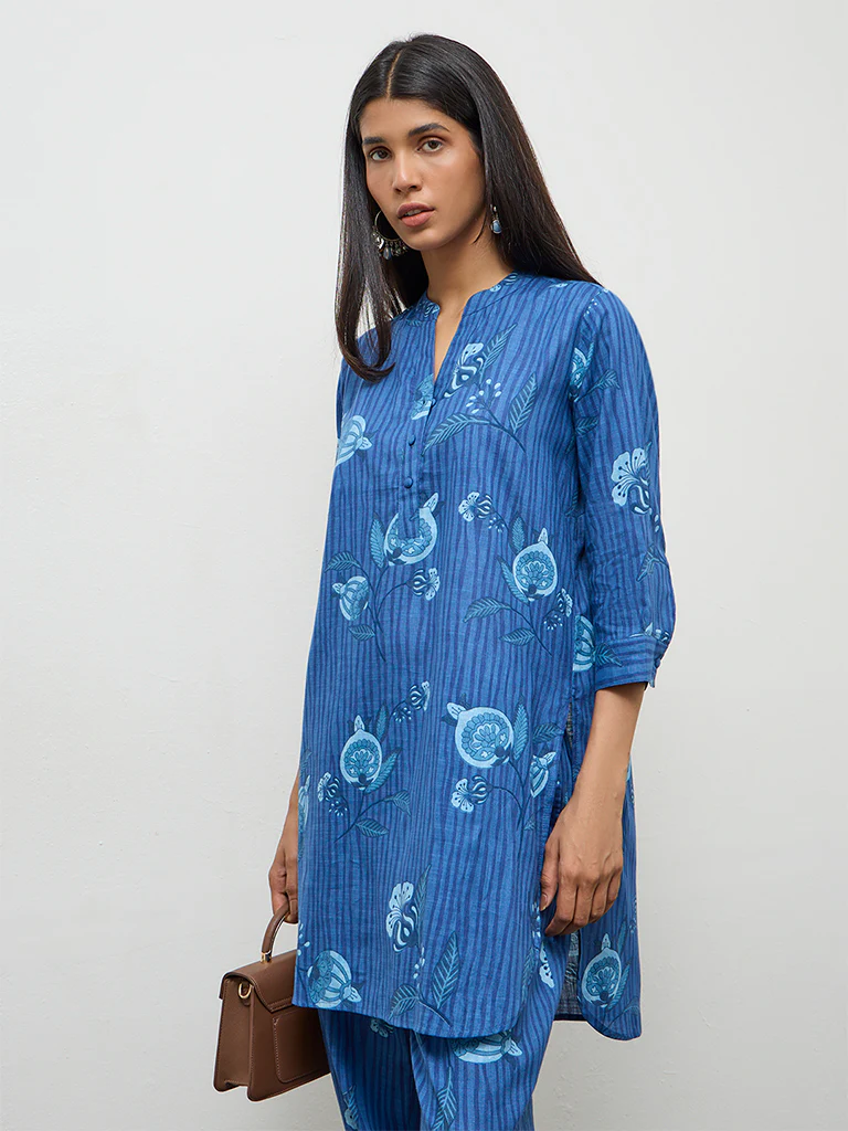 Utsa Indigo Botanical Design Cotton Straight Kurta - Image 2