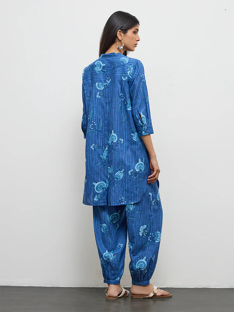 Utsa Indigo Botanical Design Cotton Straight Kurta - Image 4