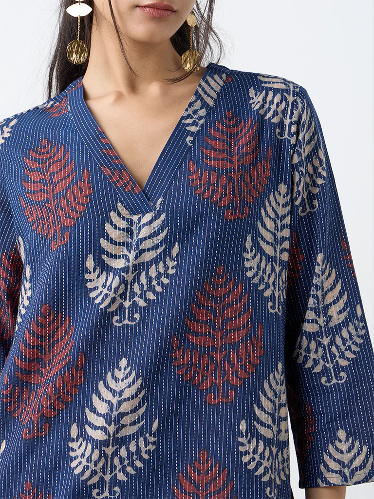Utsa Indigo Botanical Printed Cotton-Blend Straight Kurta - Image 3