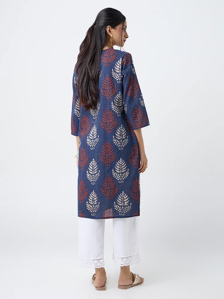 Utsa Indigo Botanical Printed Cotton-Blend Straight Kurta - Image 4