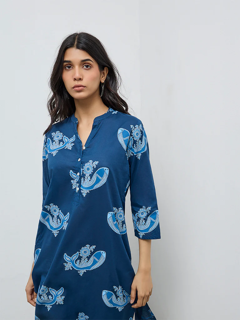 Utsa Indigo Buta Printed Cotton Straight Kurta - Image 2