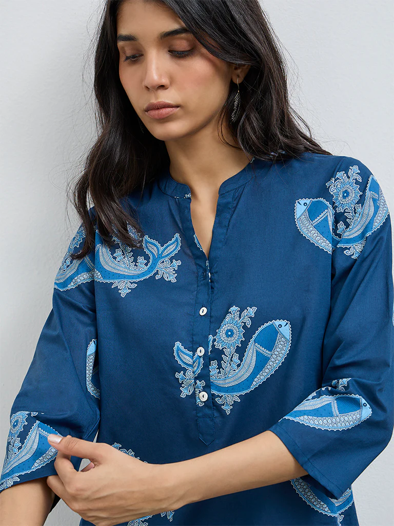 Utsa Indigo Buta Printed Cotton Straight Kurta - Image 3