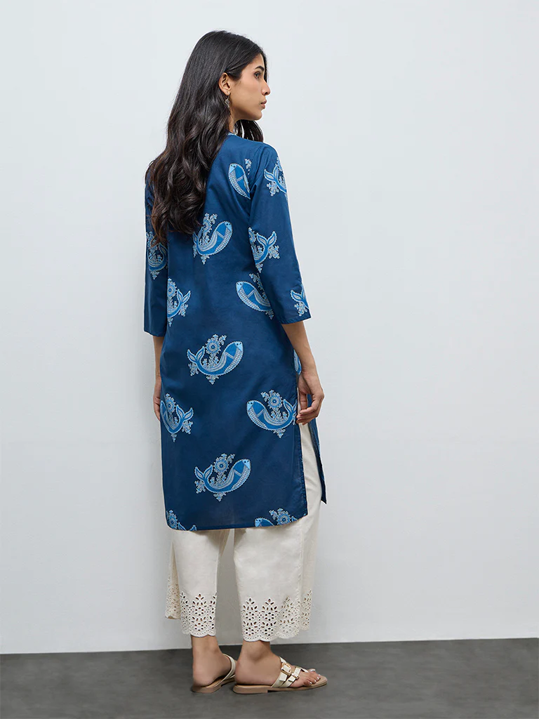 Utsa Indigo Buta Printed Cotton Straight Kurta - Image 4