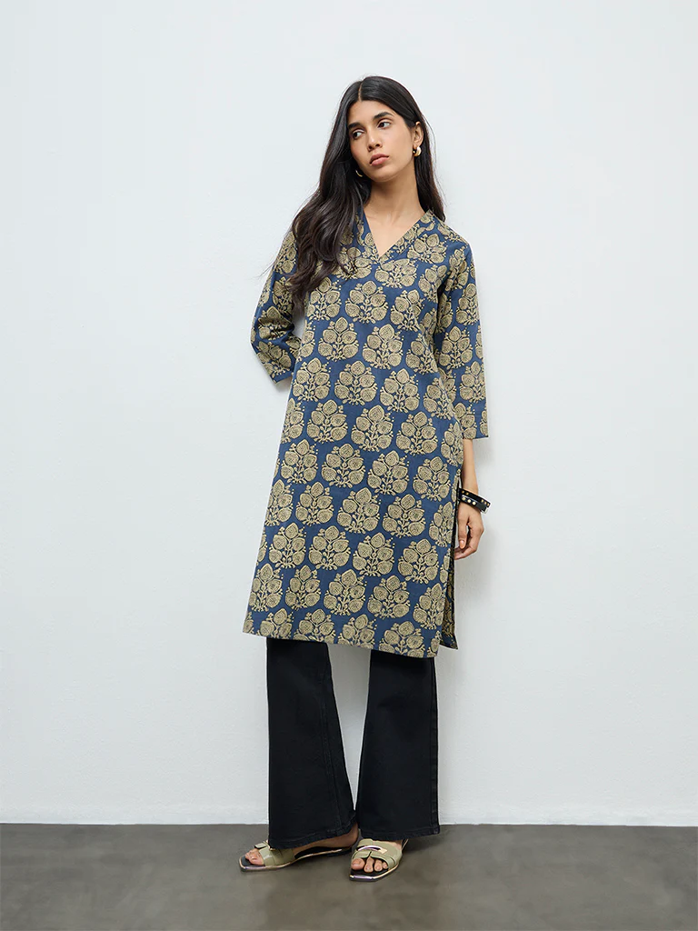 Utsa Indigo Butta Leaf Cotton Straight Kurta - Image 2