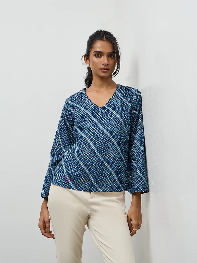Utsa Indigo Checks Design Cotton Top