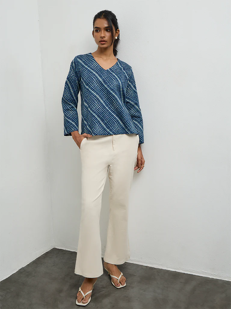 Utsa Indigo Checks Design Cotton Top - Image 2