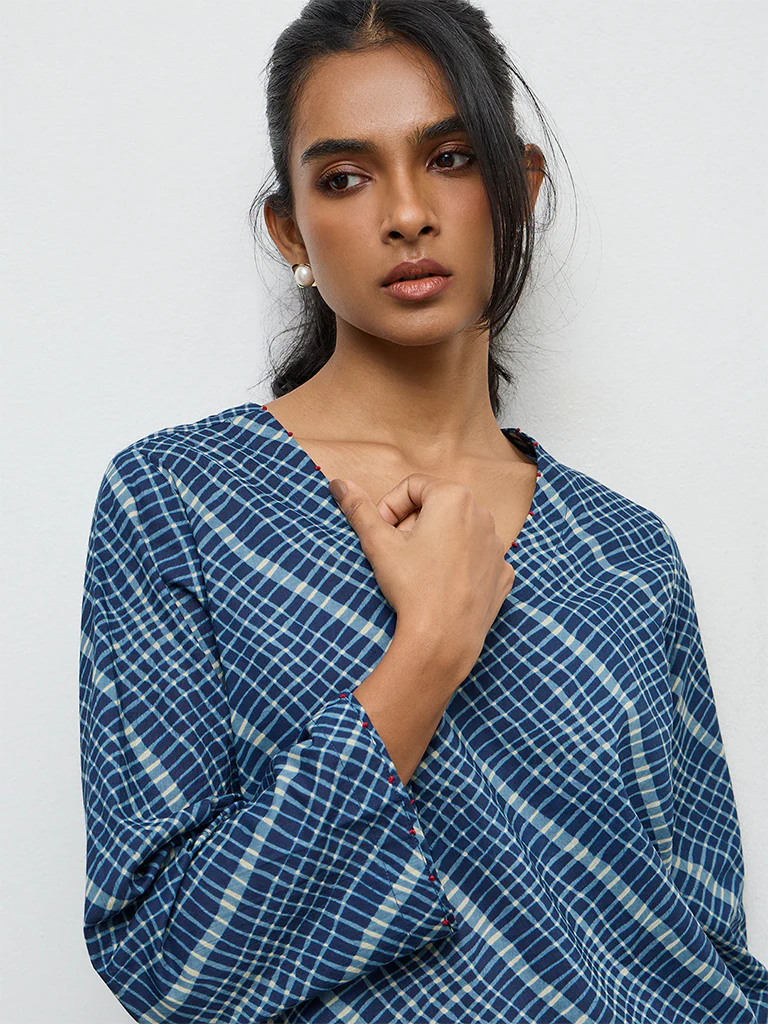 Utsa Indigo Checks Design Cotton Top - Image 3