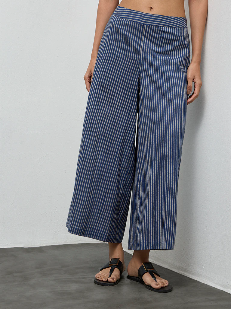 Utsa Indigo Cotton Striped Pants