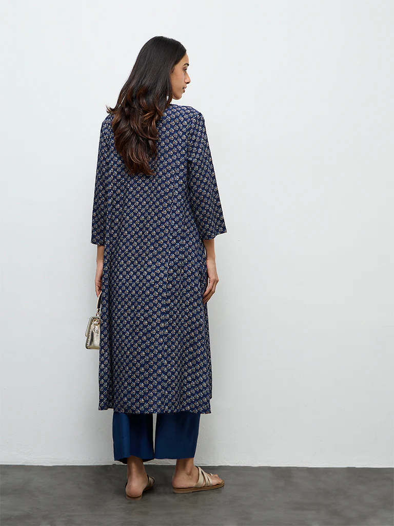 Utsa Indigo Embroidered A-Line Kurta - Image 4