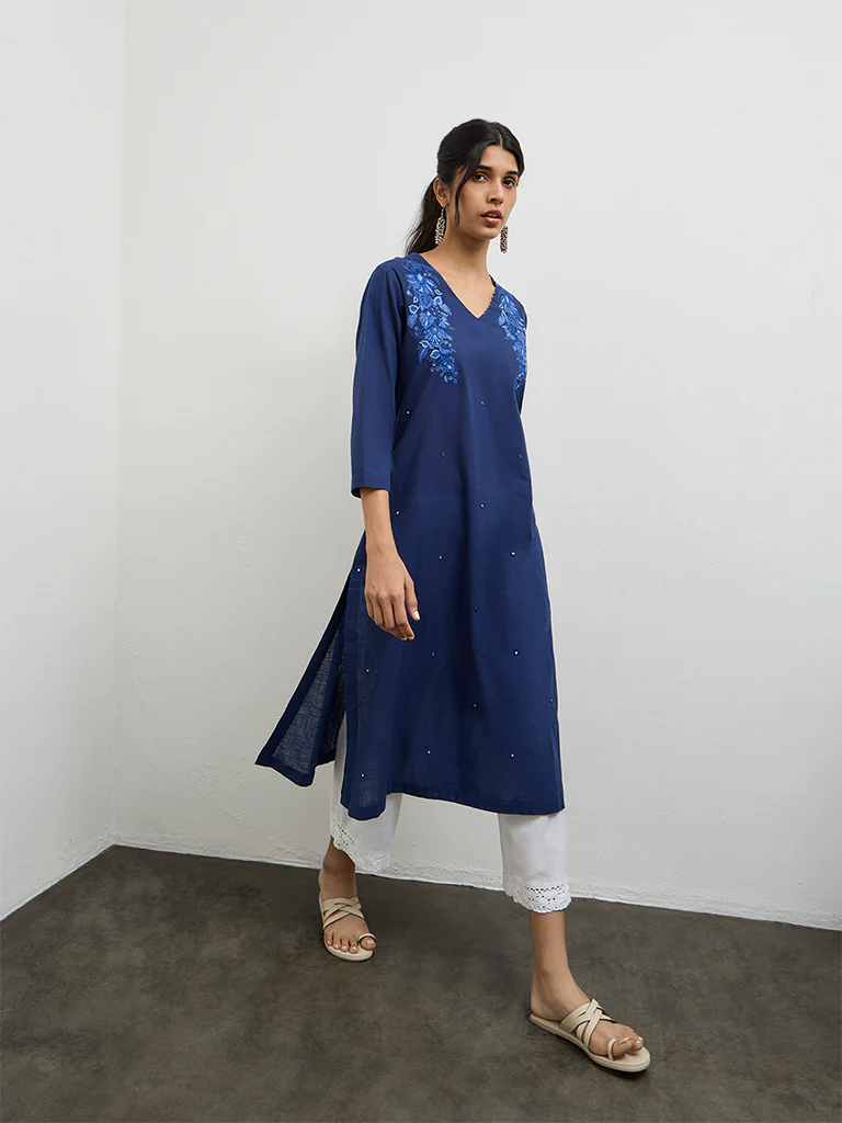 Utsa Indigo Embroidered Cotton A-Line Kurta - Image 2