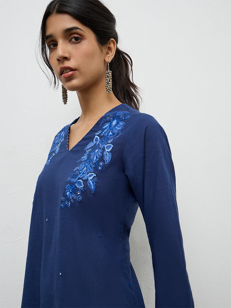 Utsa Indigo Embroidered Cotton A-Line Kurta - Image 3
