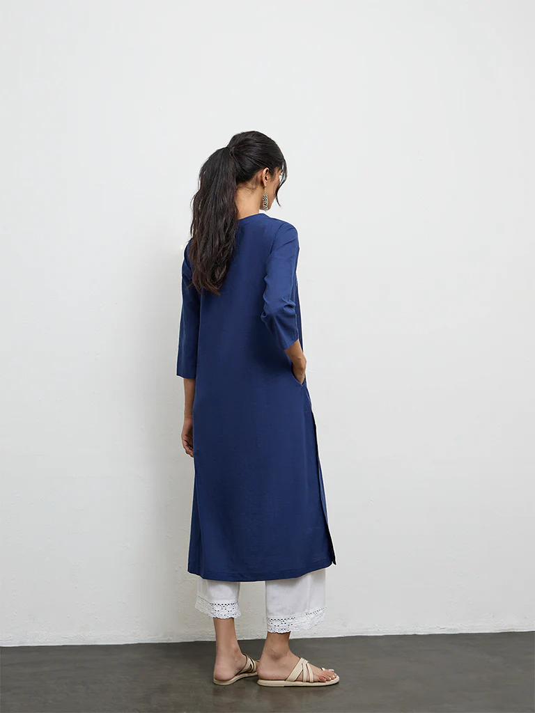 Utsa Indigo Embroidered Cotton A-Line Kurta - Image 4