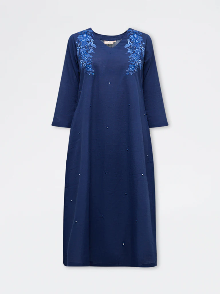 Utsa Indigo Embroidered Cotton A-Line Kurta - Image 5
