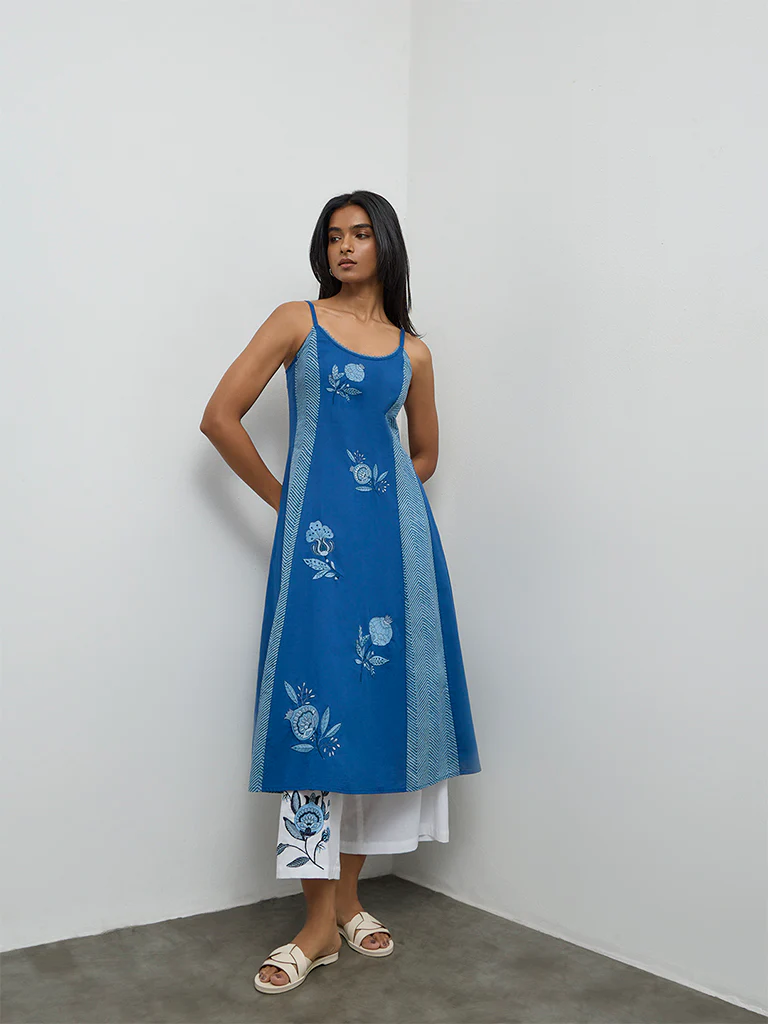 Utsa Indigo Embroidered Cotton A-Line Kurta - Image 2
