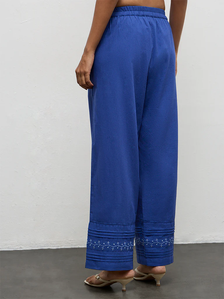 Utsa Indigo Embroidered Cotton-Blend Pants - Image 4