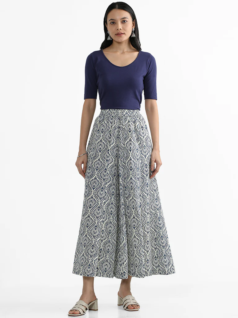 Utsa Indigo Ethnic Floral Printed Palazzos - Image 4