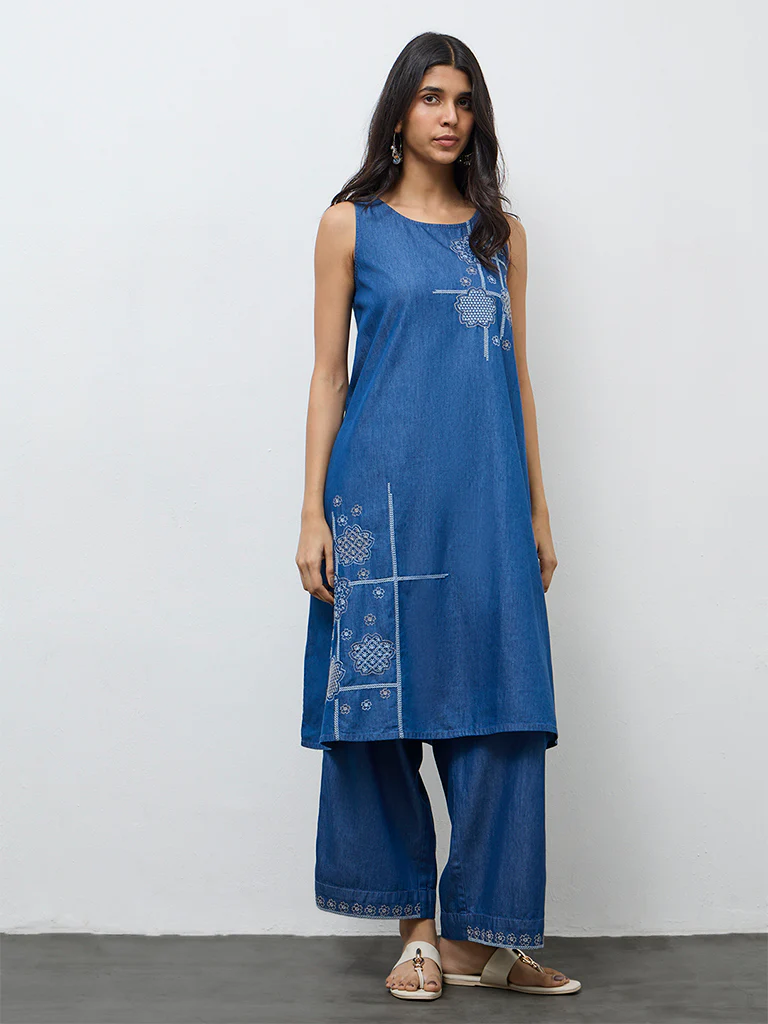 Utsa Indigo Floral Embroidered Cotton A-Line Kurta - Image 2