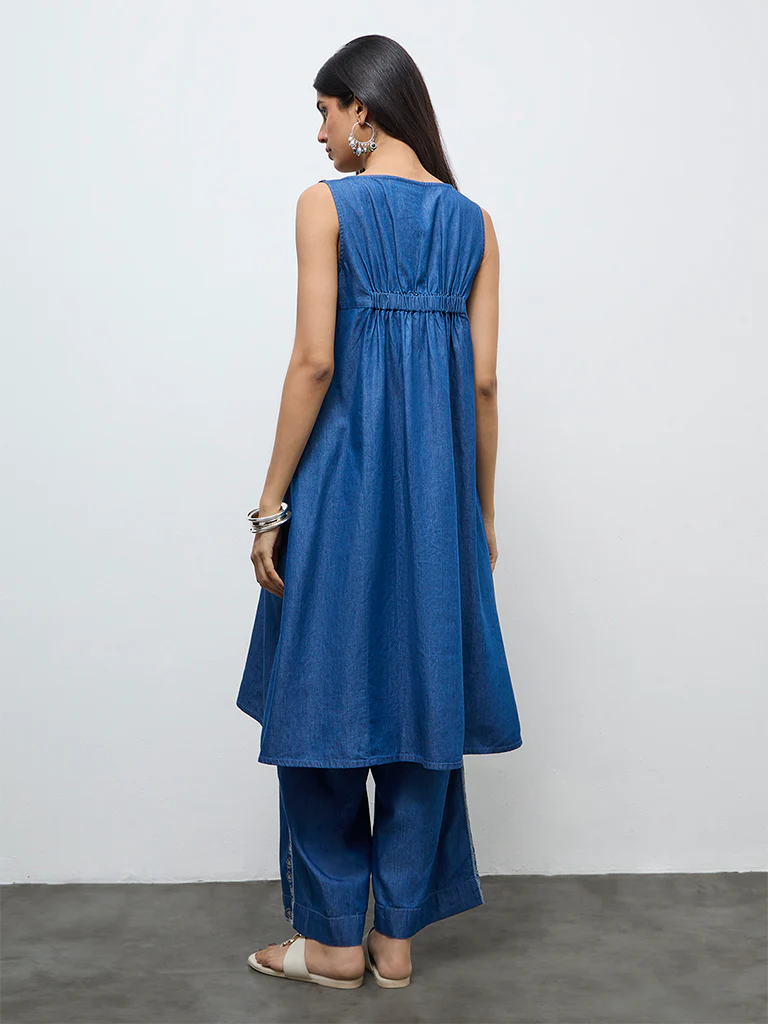 Utsa Indigo Floral Embroidered Cotton A-Line Kurta - Image 4